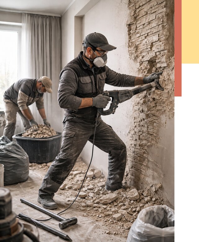 Демонтаж декоративного камня в Ленинске-Кузнецком от 1482 руб/м² — быстро и недорого | ОТДЕЛОЧНИК-Лнн