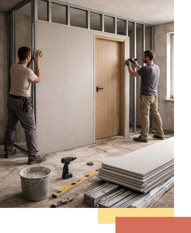 Перегородка из гипсокартона с дверью под ключ в Ленинске-Кузнецком