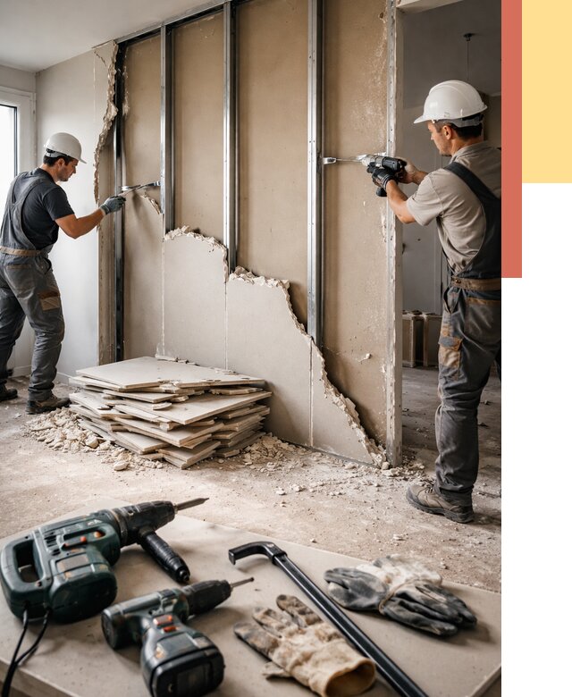 Демонтаж перегородки из гипсокартона в Ленинске-Кузнецком от 1227 руб. быстро и недорого | ОТДЕЛОЧНИК-Лнн