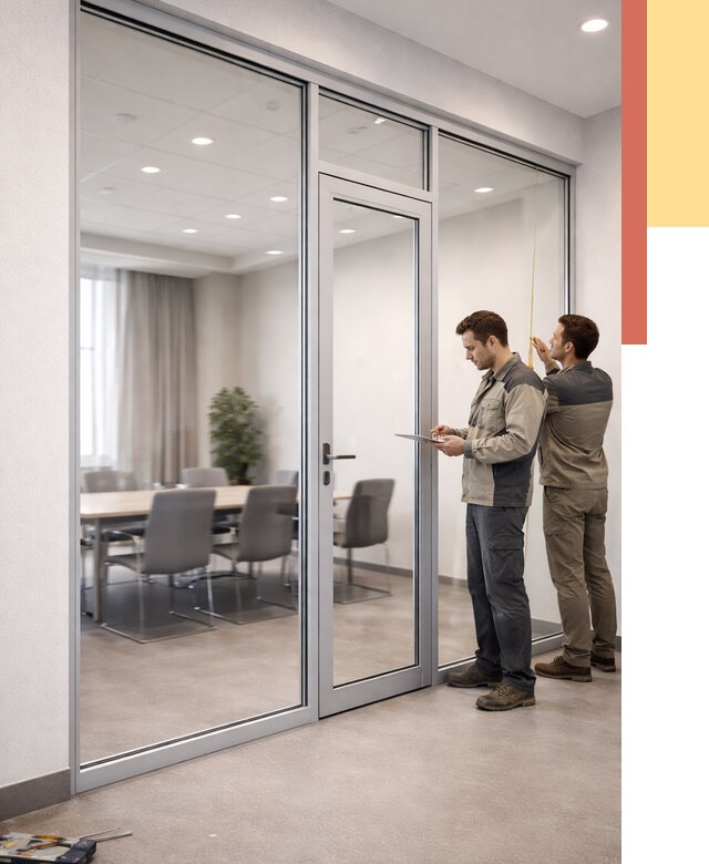 Установка и монтаж алюминиевых перегородок со стеклом в Ленинске-Кузнецком от 8381 руб. | ОТДЕЛОЧНИК-Лнн