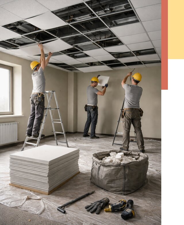 Демонтаж потолка Армстронг в Ленинске-Кузнецком от 4599 руб. быстро и недорого | ОТДЕЛОЧНИК-Лнн