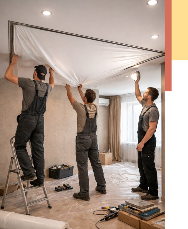 Монтаж ПВХ натяжного потолка в Ленинске-Кузнецком от 3577 руб. под ключ | ОТДЕЛОЧНИК-Лнн