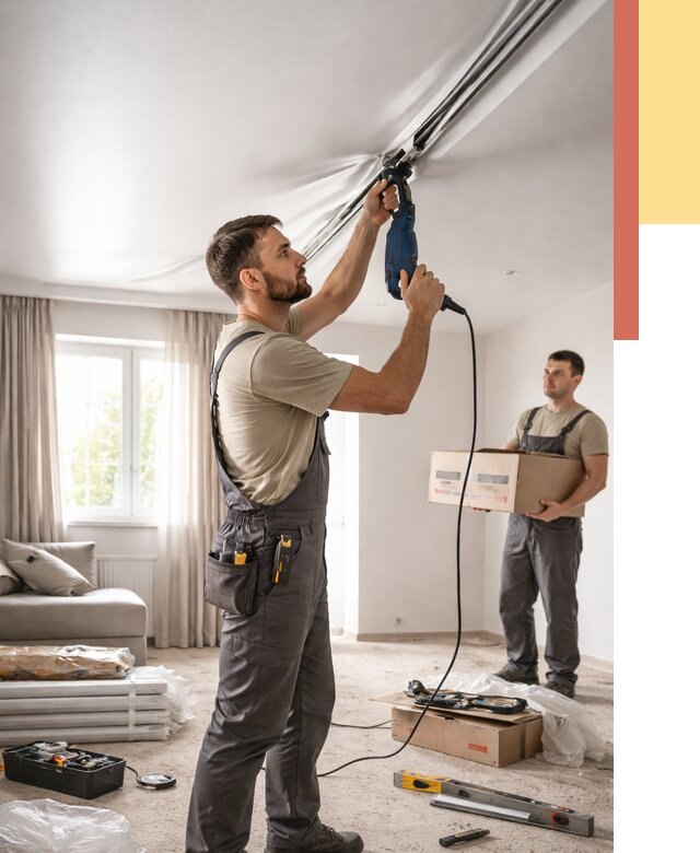 Монтаж сатинового натяжного потолка в Ленинске-Кузнецком от 3577 руб. | Быстро, недорого — ОТДЕЛОЧНИК-Лнн