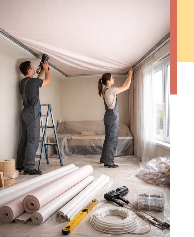 Монтаж цветного натяжного потолка в Ленинске-Кузнецком от 4293 руб/м² — быстро и недорого | ОТДЕЛОЧНИК-Лнн