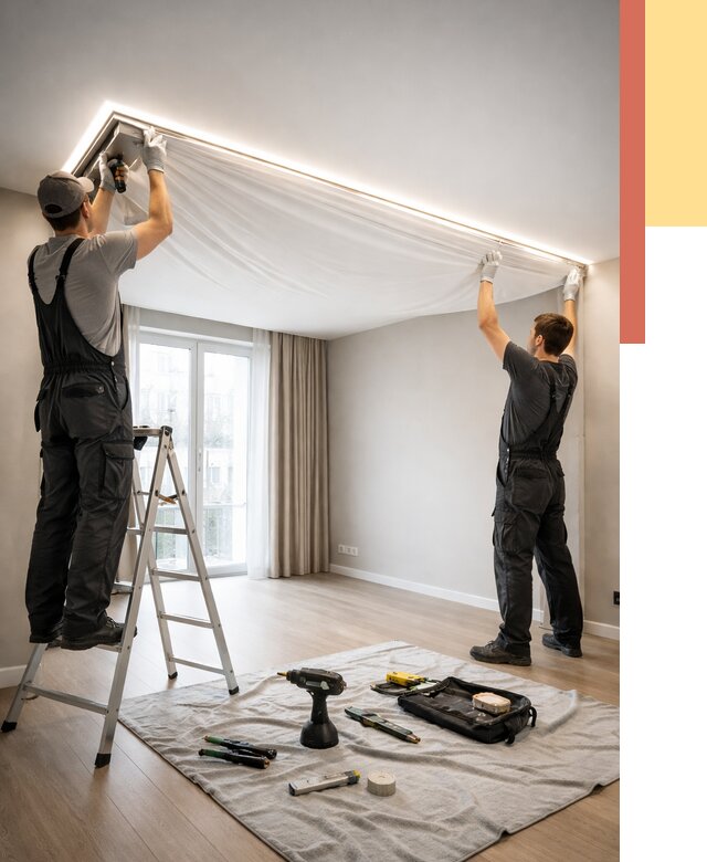 Монтаж парящего натяжного потолка в Ленинске-Кузнецком от 4599 руб. быстро и недорого | ОТДЕЛОЧНИК-Лнн