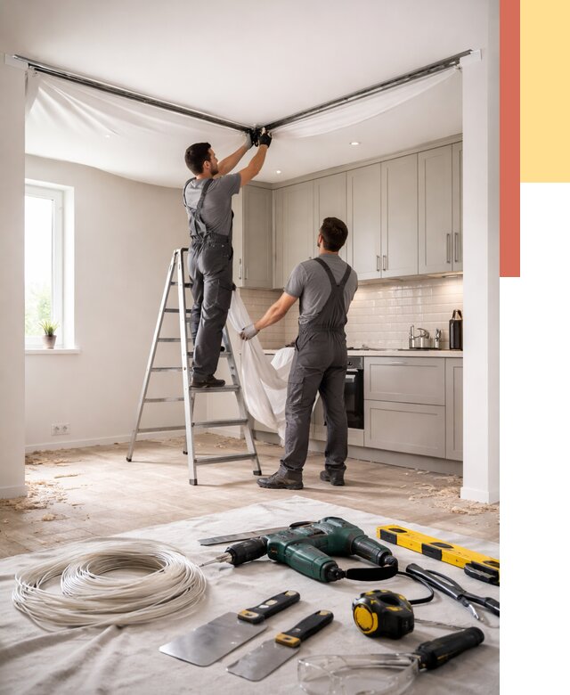 Установка натяжного потолка на кухне в Ленинске-Кузнецком от 2453 руб. | ОТДЕЛОЧНИК-Лнн