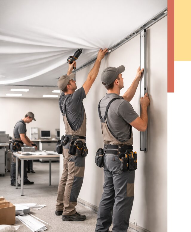 Монтаж натяжного потолка в офисе в Ленинске-Кузнецком от 460 руб/м² — быстро и недорого | ОТДЕЛОЧНИК-Лнн