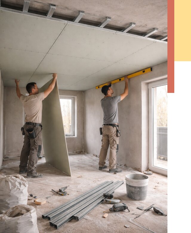 Одноуровневый потолок из гипсокартона в Ленинске-Кузнецком от 767 руб. — монтаж под ключ | ОТДЕЛОЧНИК-Лнн