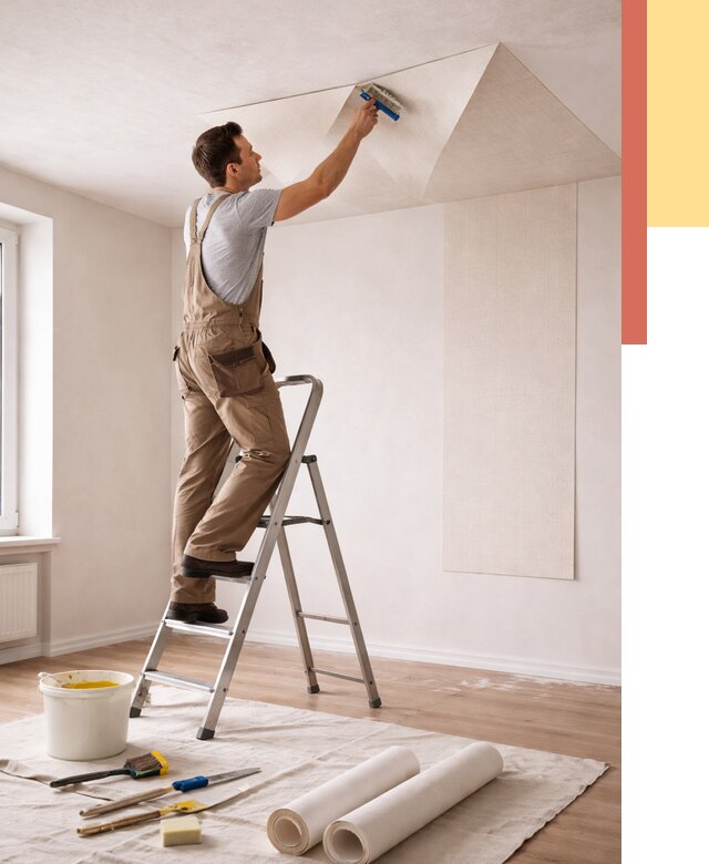 Поклейка обоев на потолок в Ленинске-Кузнецком от 4599 руб. быстро и недорого | ОТДЕЛОЧНИК-Лнн